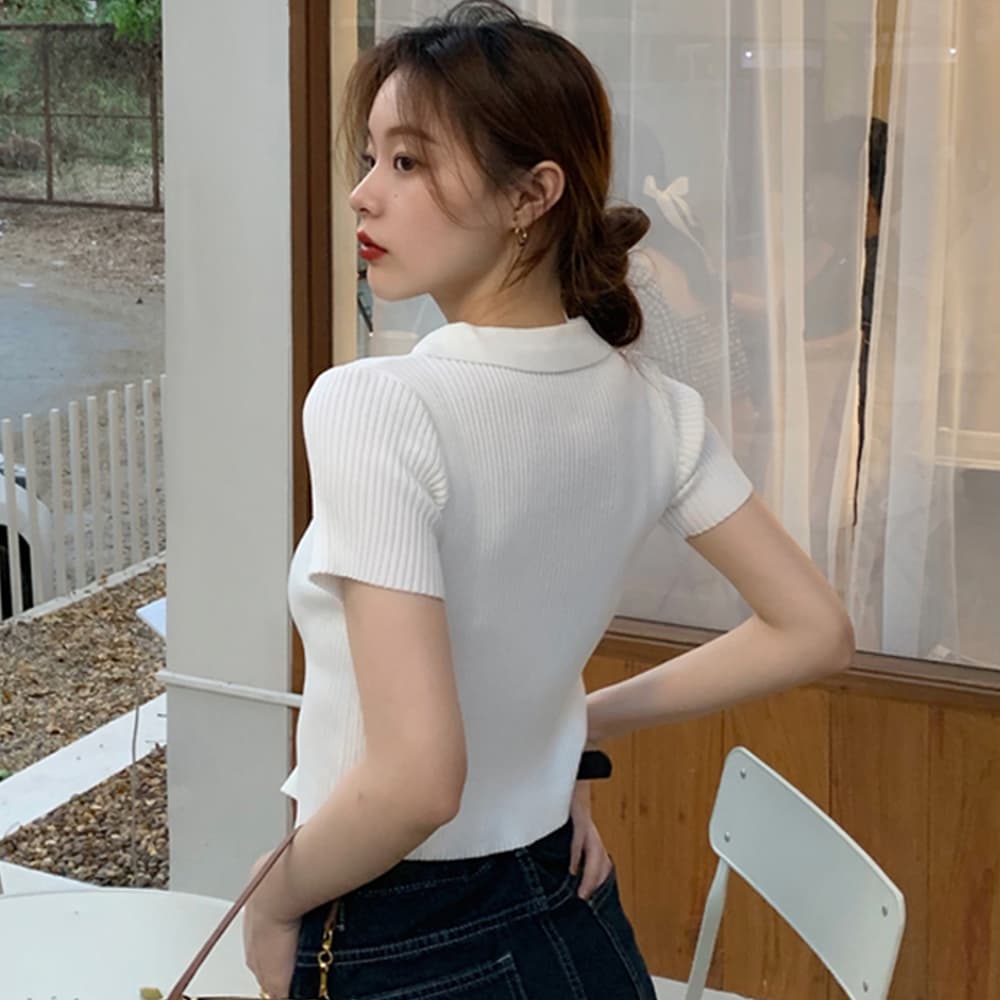 イエベ春服　リブ編みジッパー半袖カーディガン