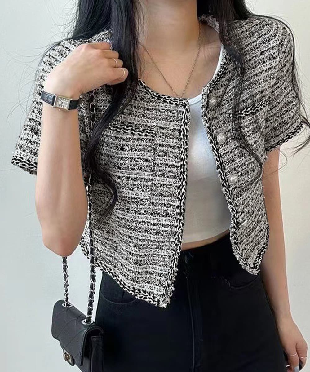 イエベ春/イエベ秋服　ツイード風ジャケット半袖ノーカラーアウター