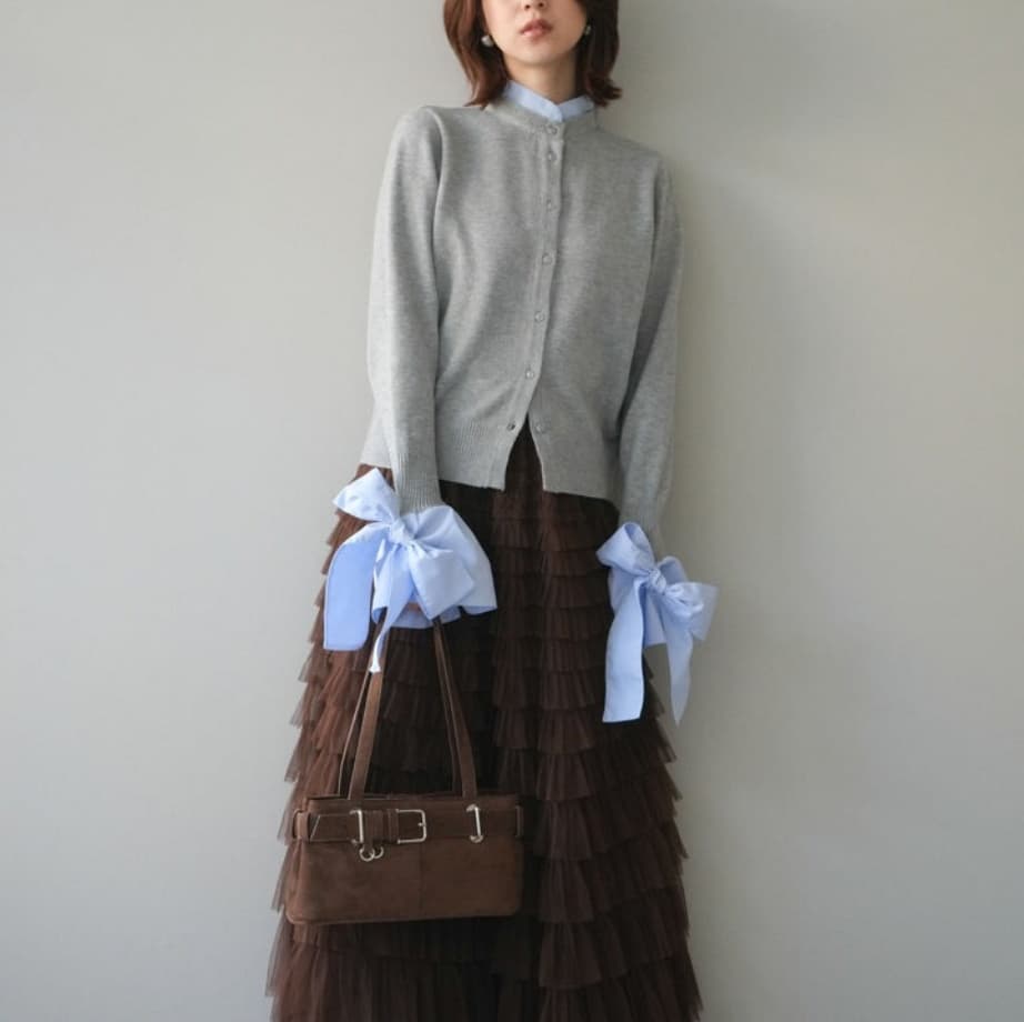 イエベ春服　リボン切り替えニットカーディガン重ね着風