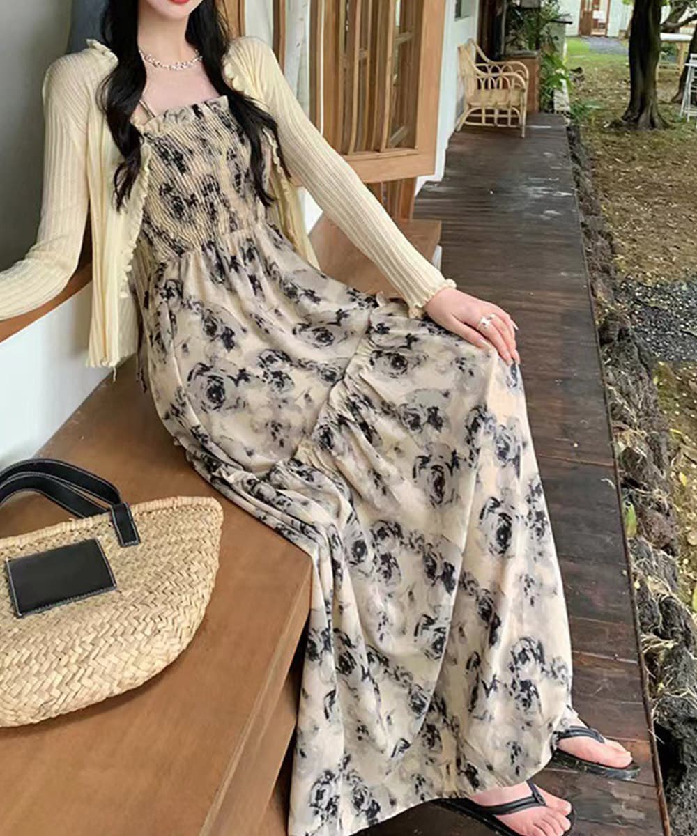 イエベ春/イエベ秋服　花柄シャーリング キャミワンピース ロング丈