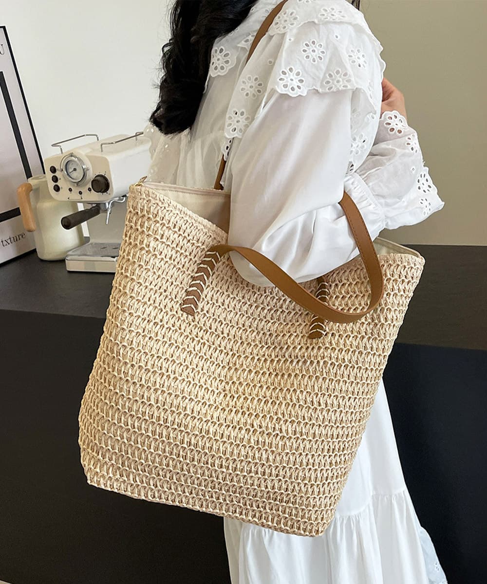 イエベ春/イエベ秋服　涼やか麦わらバッグ 大容量トートかごバッグ
