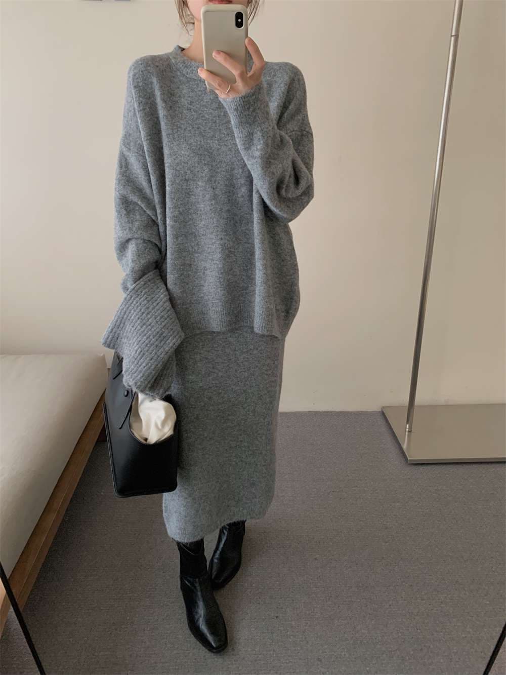 イエベ春/イエベ秋服　上質リブニット風タートルセットアップ