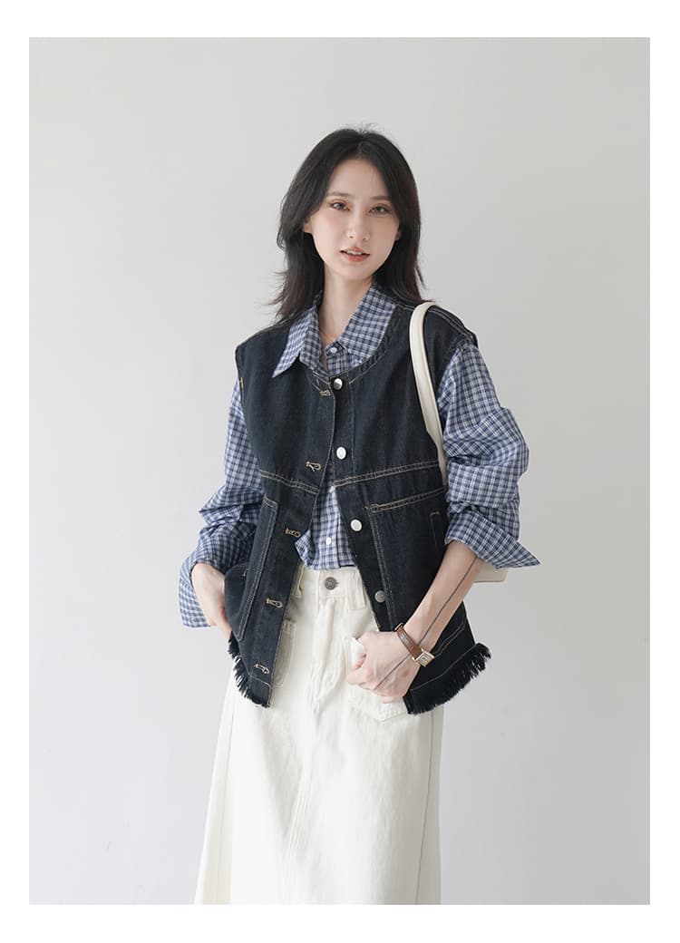 イエベ秋服　断ち切りフリンジ デニムベスト