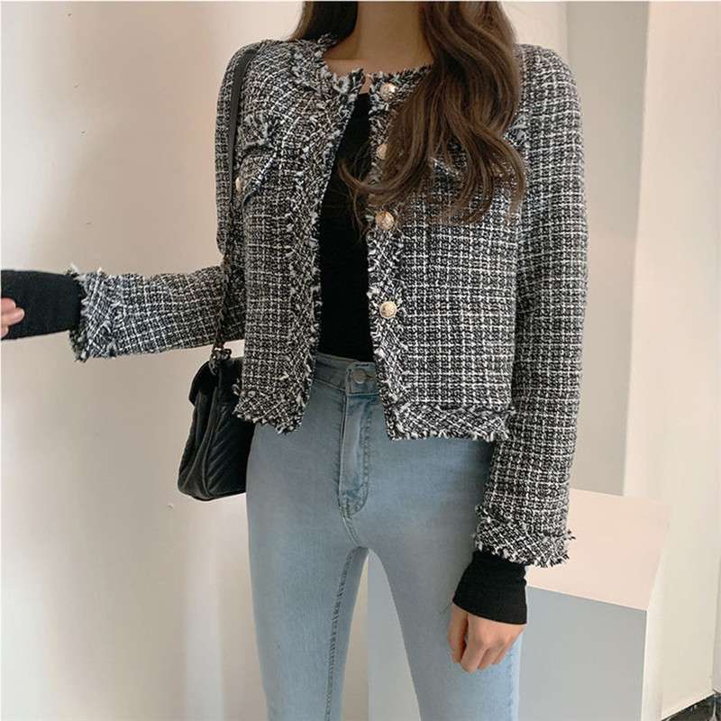 イエベ春/イエベ秋服　ツイード風フリンジトリムジャケット