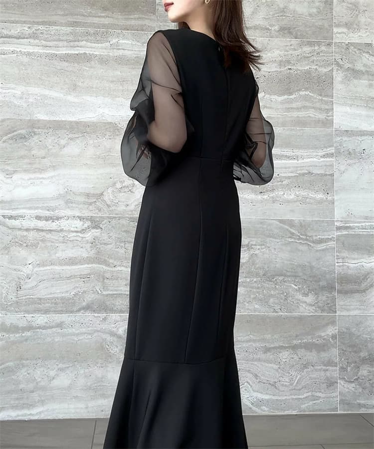 イエベ春/イエベ秋服　異素材切替ワンピース 長袖マーメイド風ロング丈