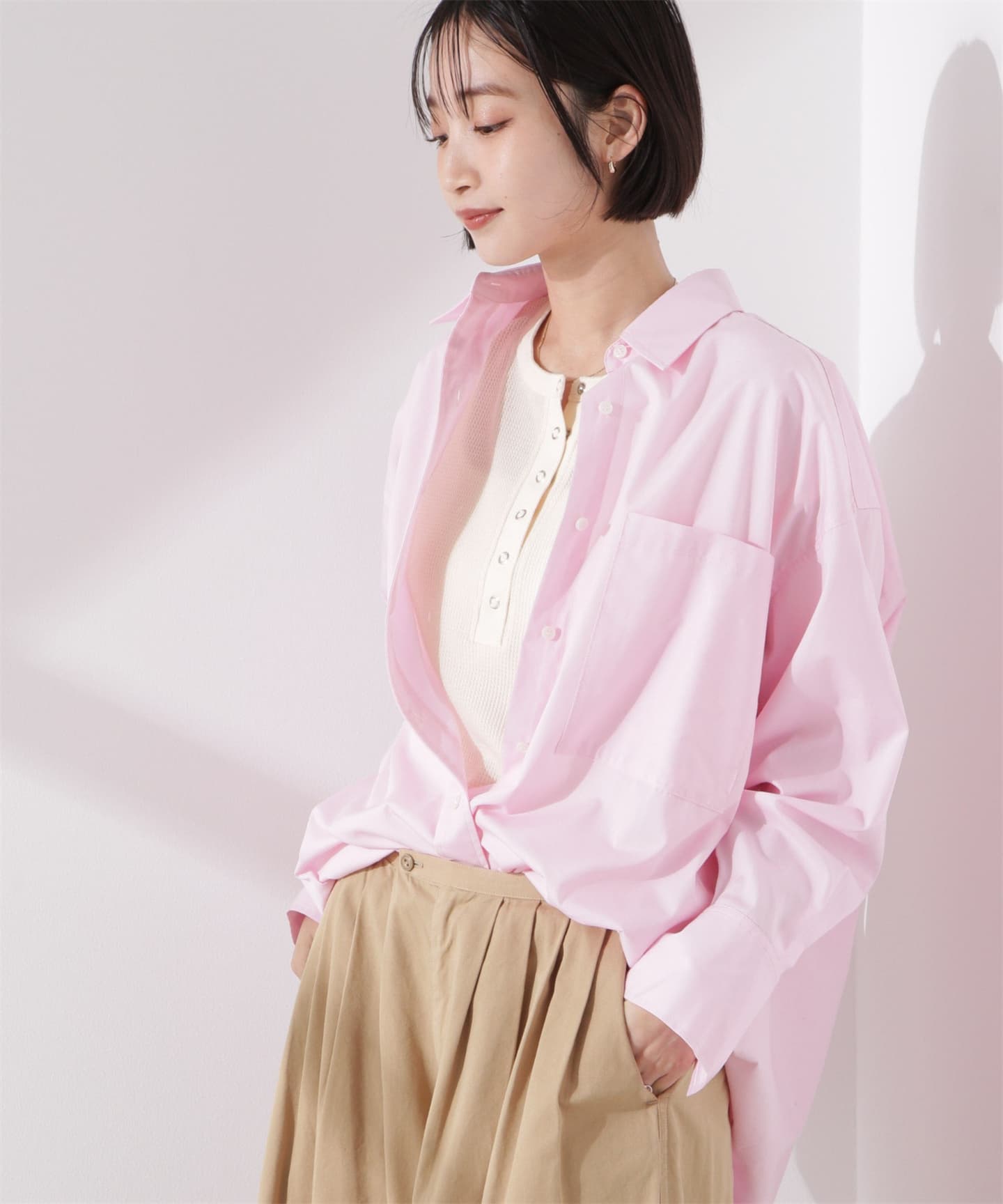 イエベ春/イエベ秋服　涼やかワッフル編みヘンリーネックＴシャツ