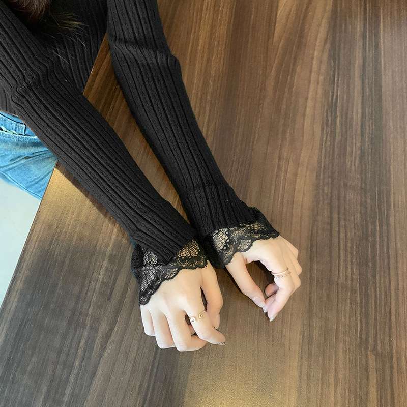 イエベ春/イエベ秋服　レース袖リブニットトップス