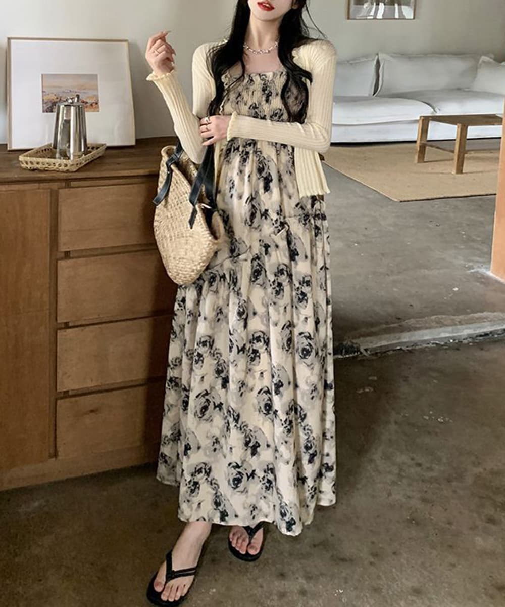 イエベ春/イエベ秋服　花柄シャーリング キャミワンピース ロング丈