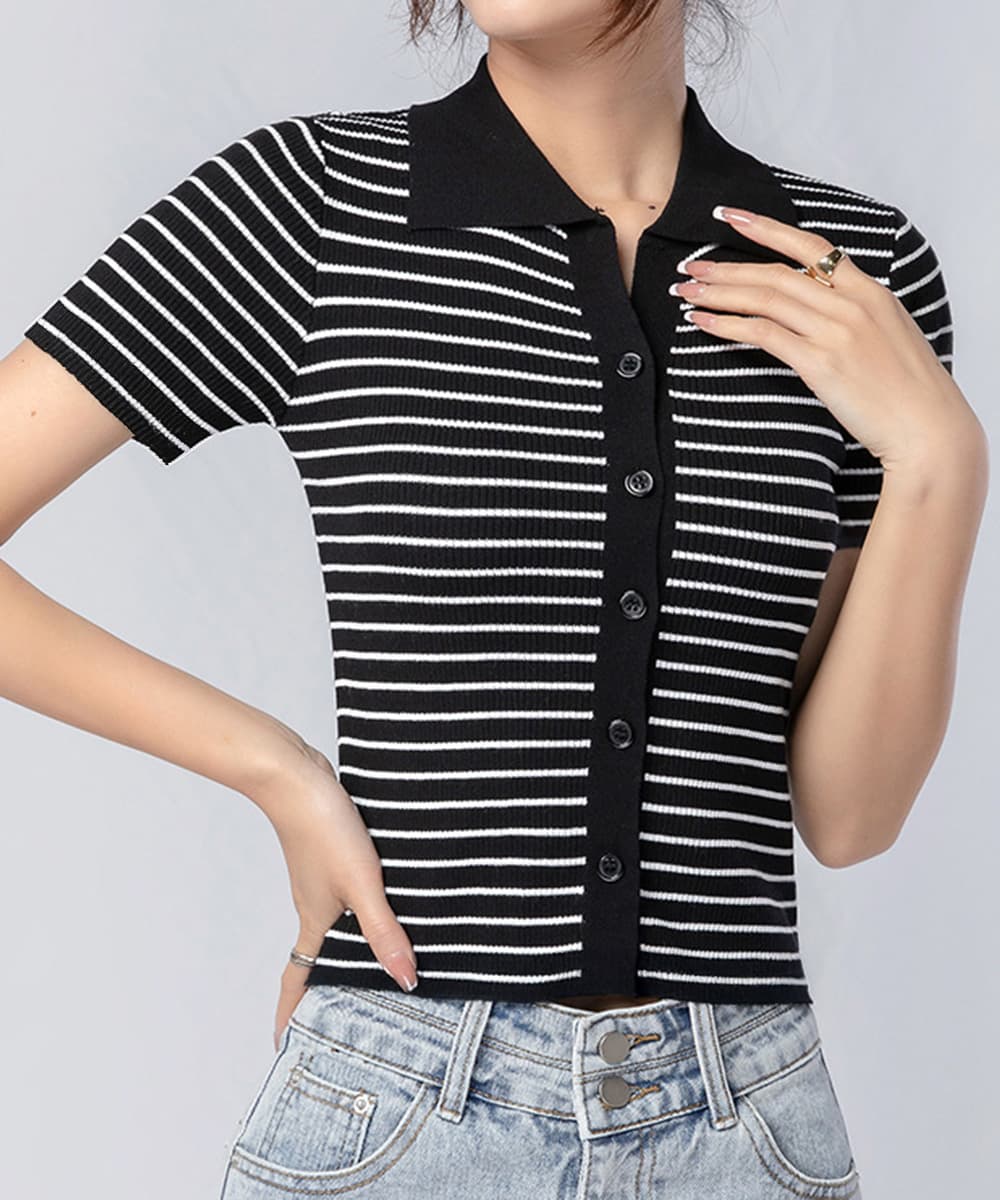 イエベ春/イエベ秋服　洗練ボーダー柄ニットポロシャツ 半袖ブラウス