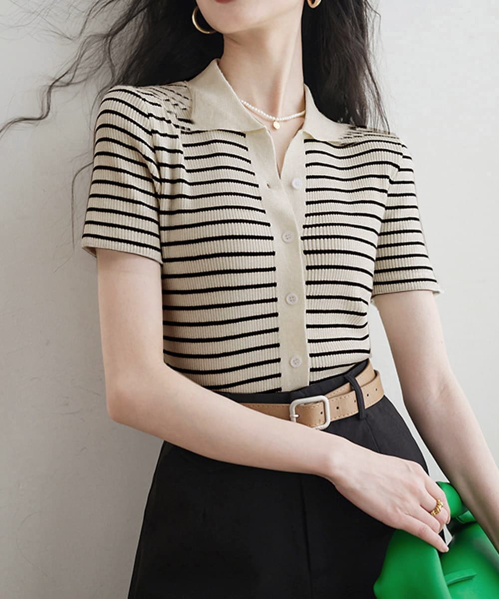 イエベ春/イエベ秋服　洗練ボーダー柄ニットポロシャツ 半袖ブラウス