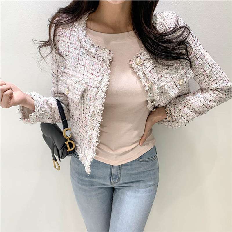 イエベ春/イエベ秋服　ツイード風フリンジトリムジャケット