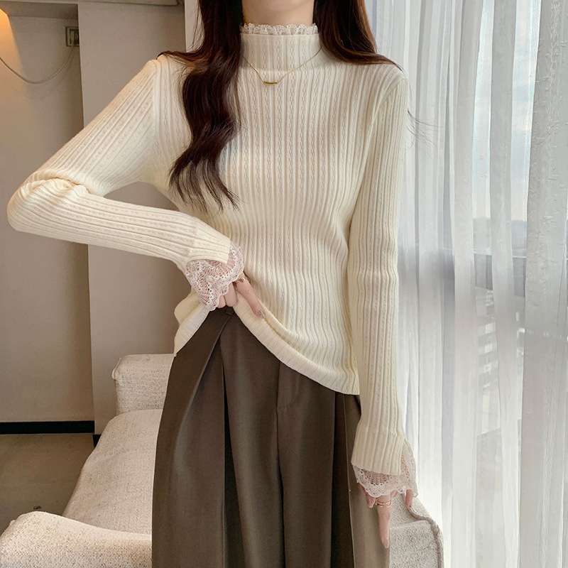 イエベ春/イエベ秋服　レース袖リブニットトップス