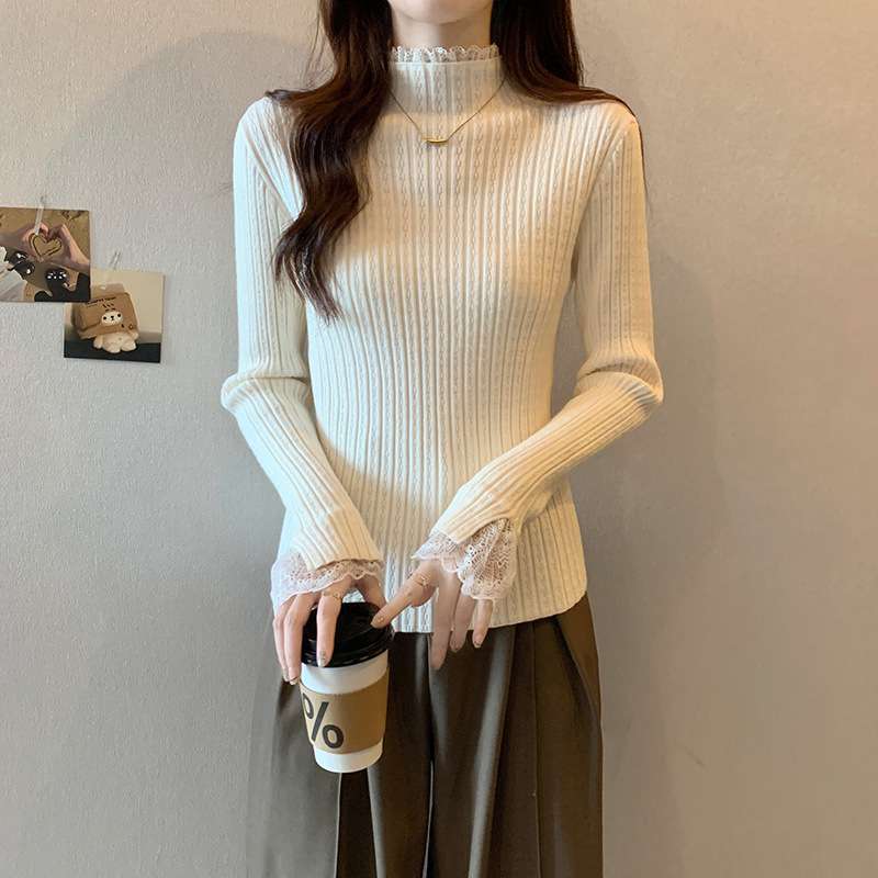 イエベ春/イエベ秋服　レース袖リブニットトップス