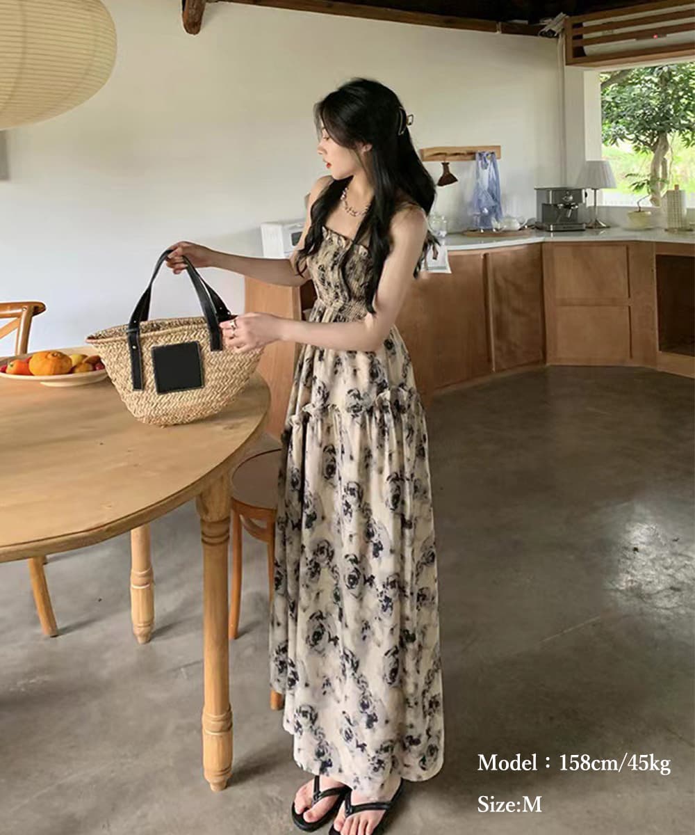 イエベ春/イエベ秋服　花柄シャーリング キャミワンピース ロング丈
