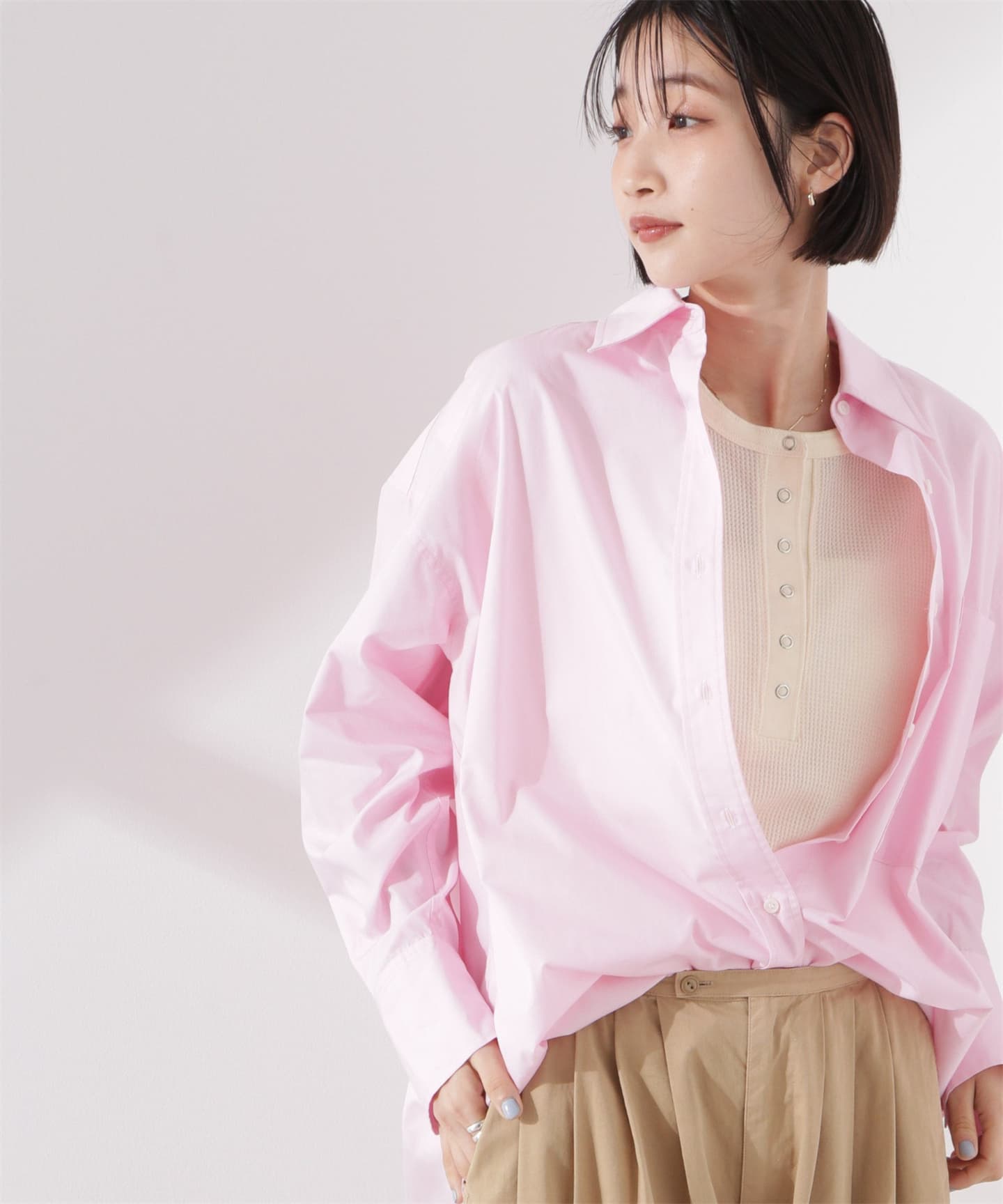 イエベ春/イエベ秋服　涼やかワッフル編みヘンリーネックＴシャツ