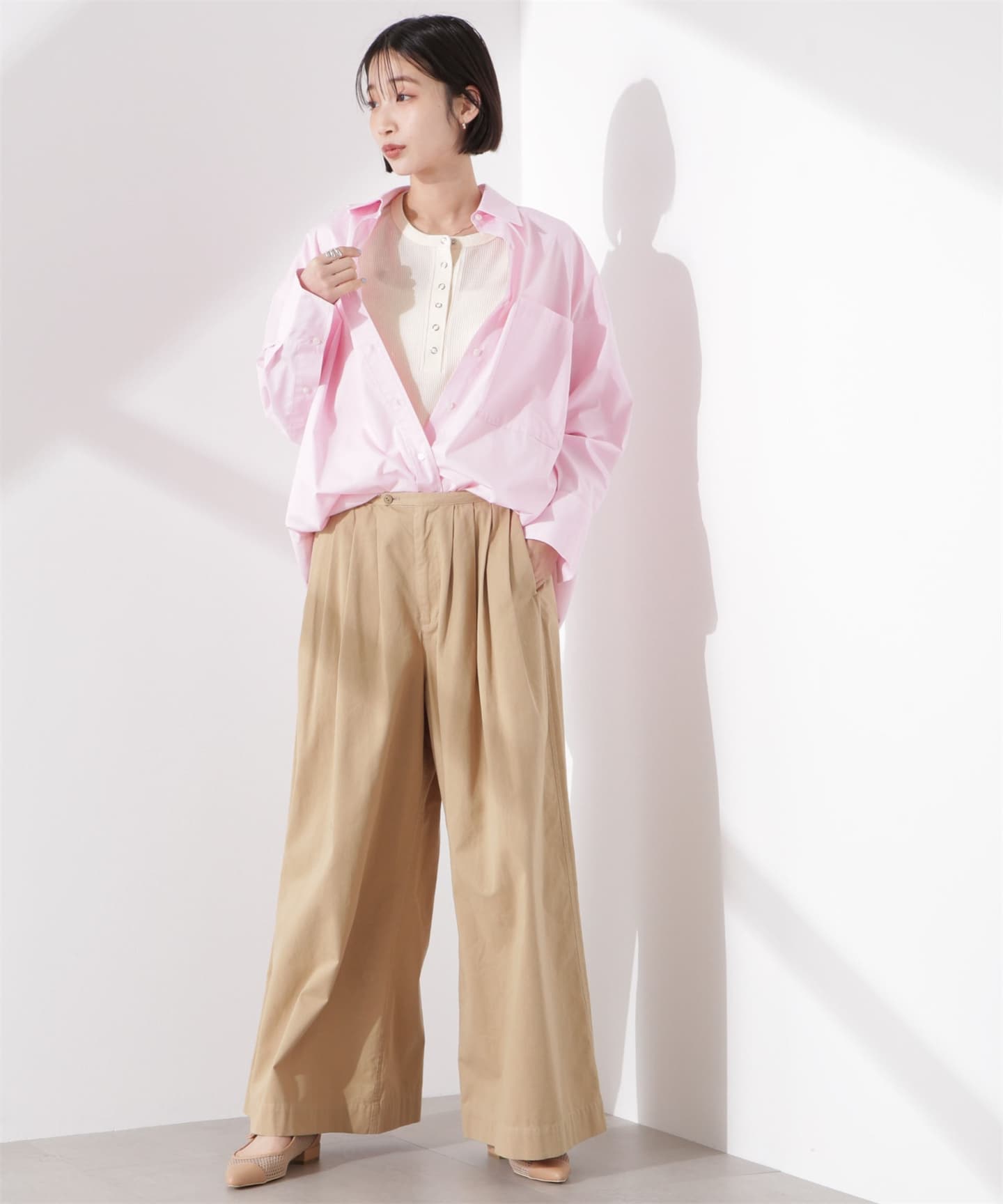 イエベ春/イエベ秋服　涼やかワッフル編みヘンリーネックＴシャツ