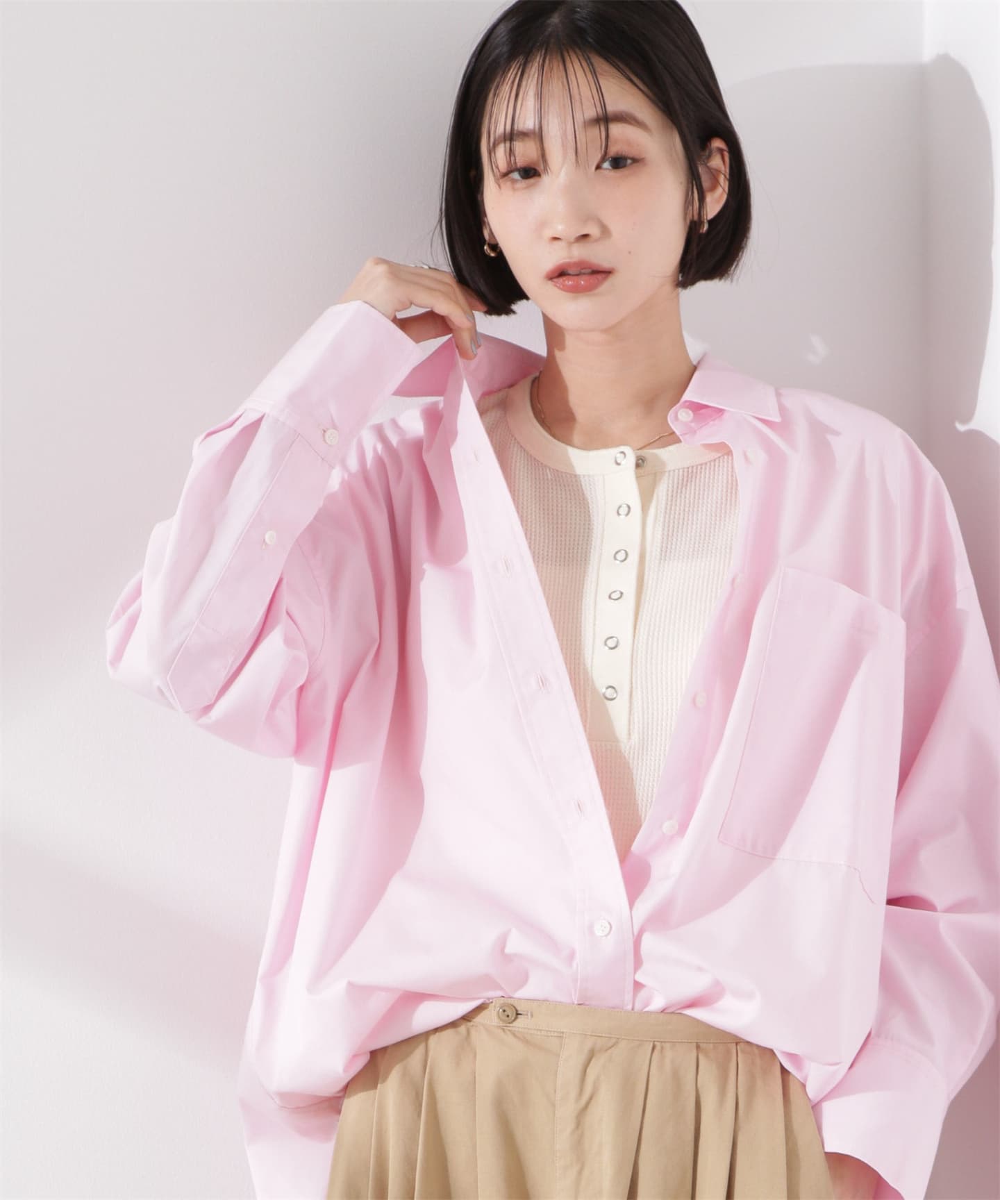 イエベ春/イエベ秋服　涼やかワッフル編みヘンリーネックＴシャツ