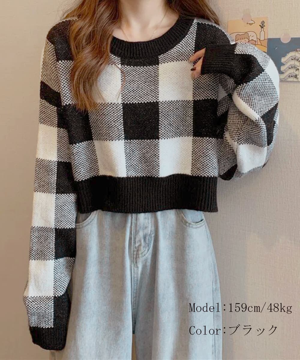 イエベ春/イエベ秋服　ブロックチェック柄ショート丈ニット