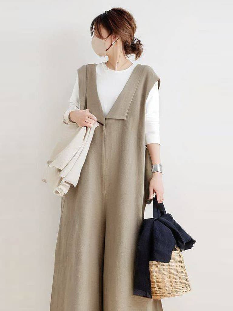 イエベ春/イエベ秋服　上質リネン風ゆったりサロペット