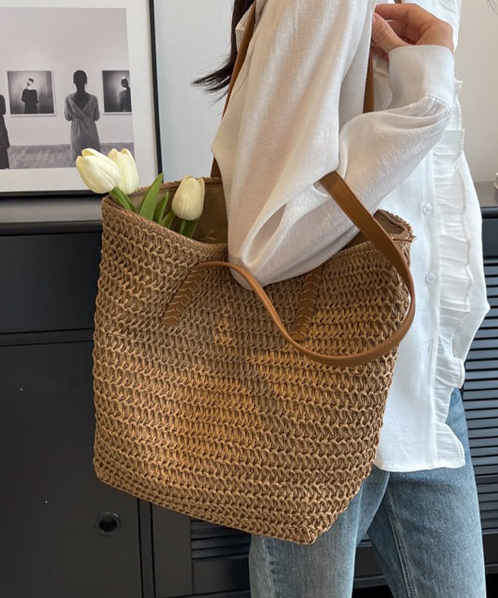 イエベ春/イエベ秋服　涼やか麦わらバッグ 大容量トートかごバッグ