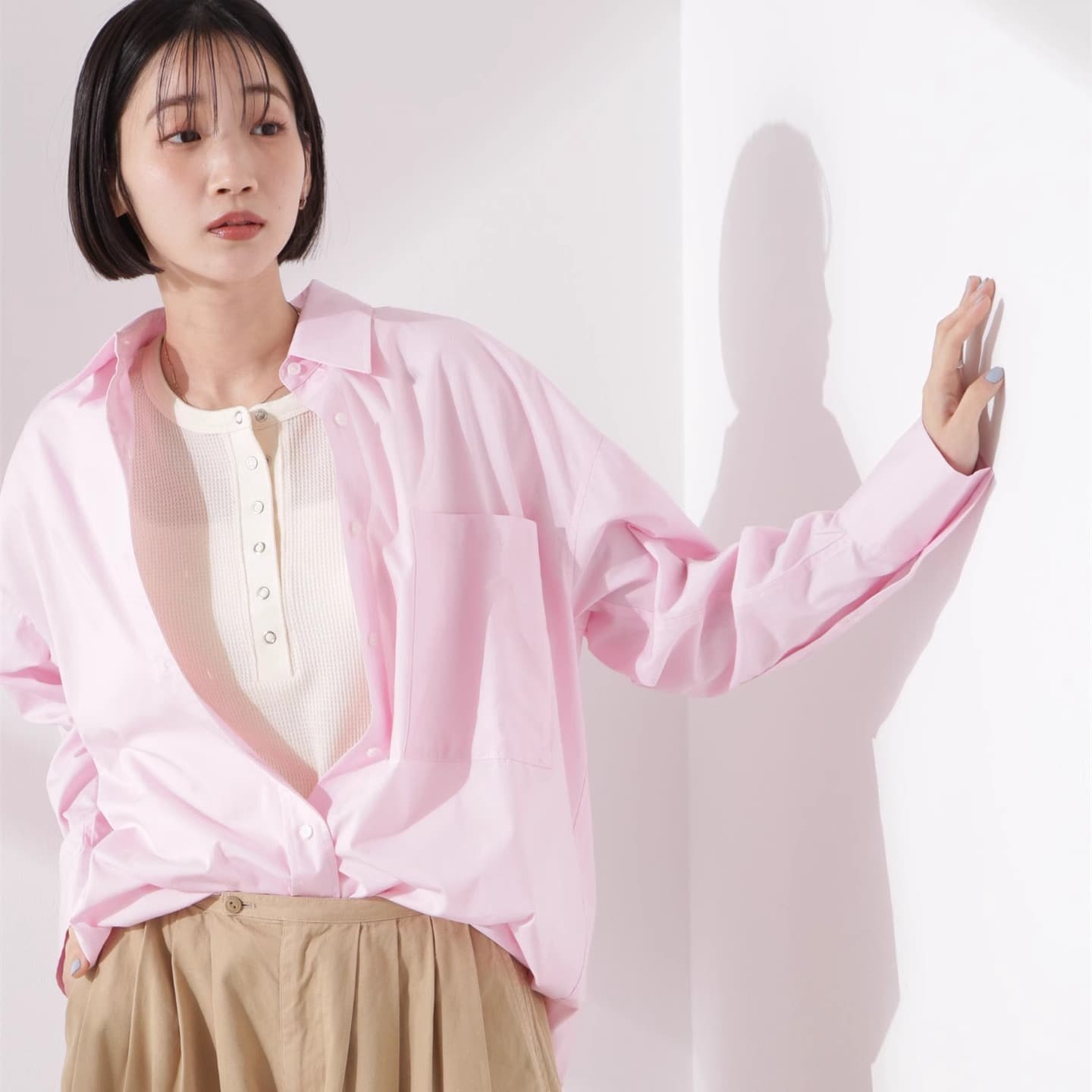 イエベ春/イエベ秋服　涼やかワッフル編みヘンリーネックＴシャツ