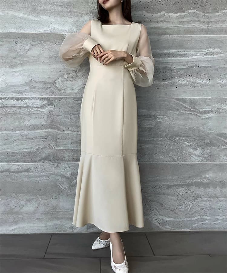 イエベ春/イエベ秋服　異素材切替ワンピース 長袖マーメイド風ロング丈