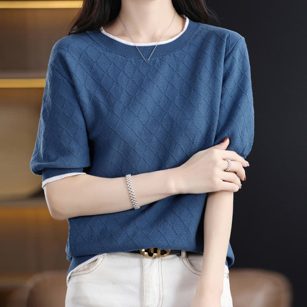 イエベ秋服　バイカラーパイピング ひし形柄 サマーニット 半袖