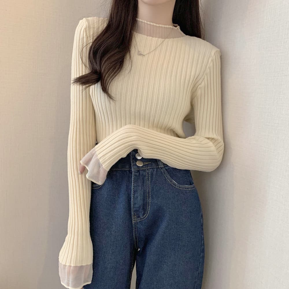 イエベ春/イエベ秋服　袖レース付きリブニット長袖セーター女性用