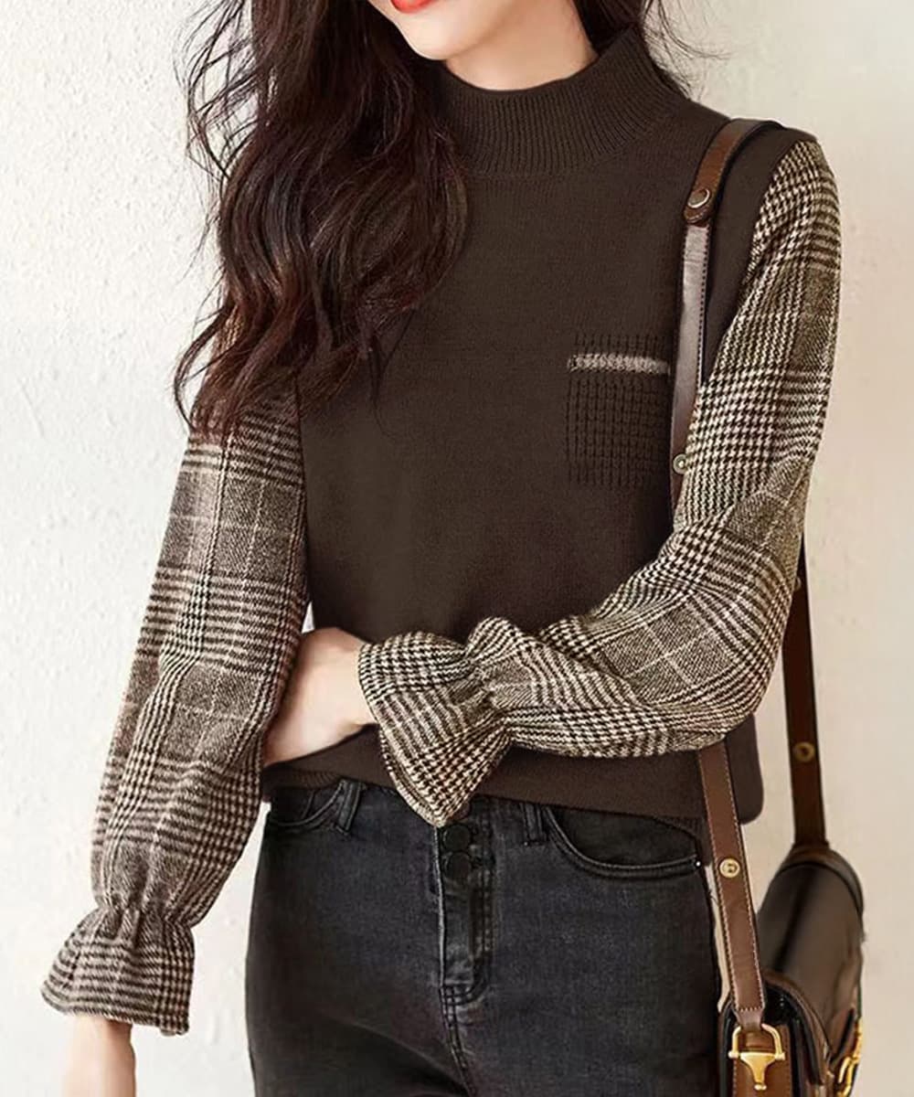 イエベ春/イエベ秋服　格子柄袖切替ハイネックニット秋冬レディース