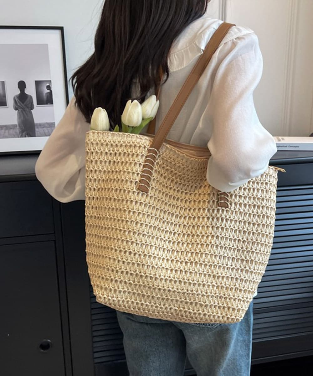 イエベ春/イエベ秋服　涼やか麦わらバッグ 大容量トートかごバッグ