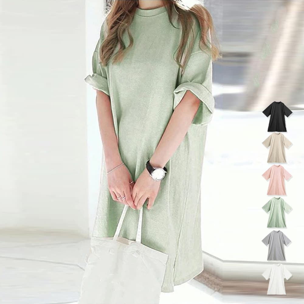 イエベ春/イエベ秋服　サイドスリット入り 大人のゆったりチュニックワンピース