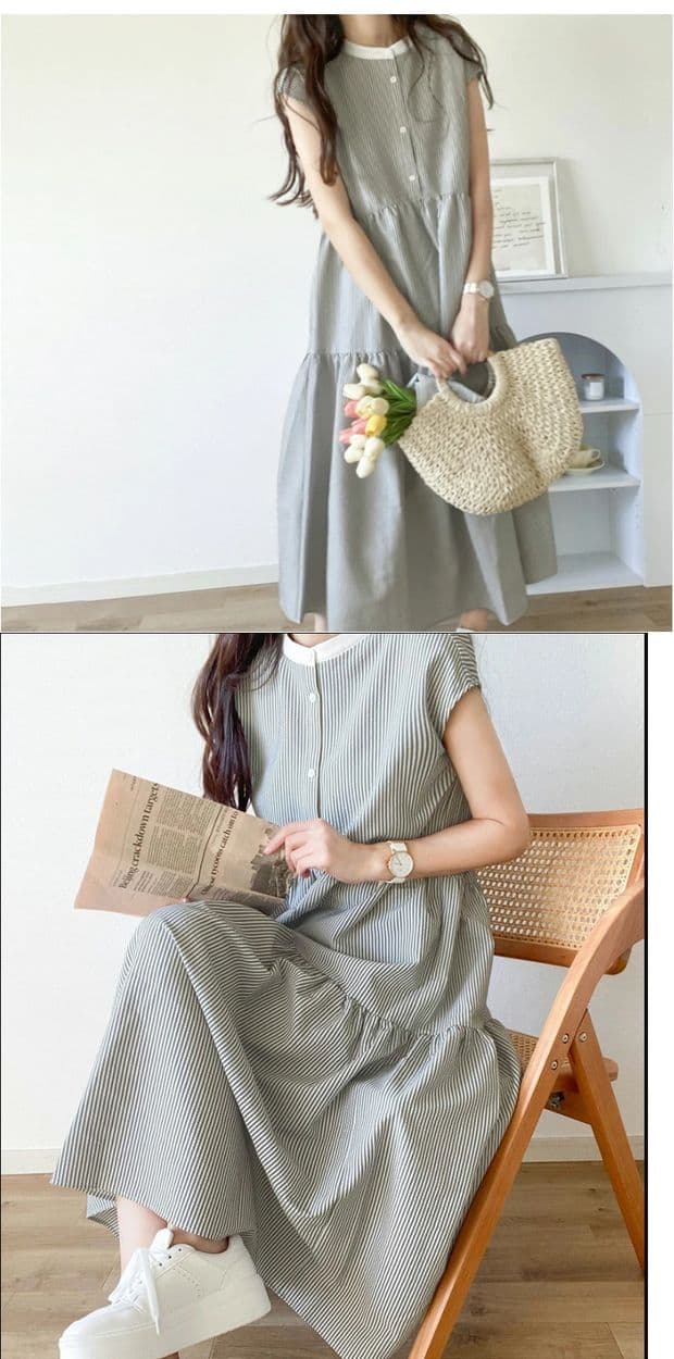 イエベ春/イエベ秋服　爽やか縦縞ティアードワンピース