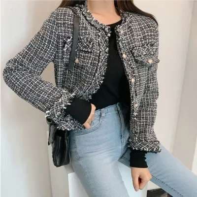 イエベ春/イエベ秋服　ツイード風フリンジトリムジャケット