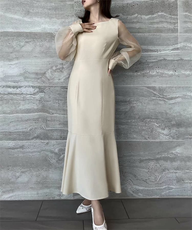 イエベ春/イエベ秋服　異素材切替ワンピース 長袖マーメイド風ロング丈