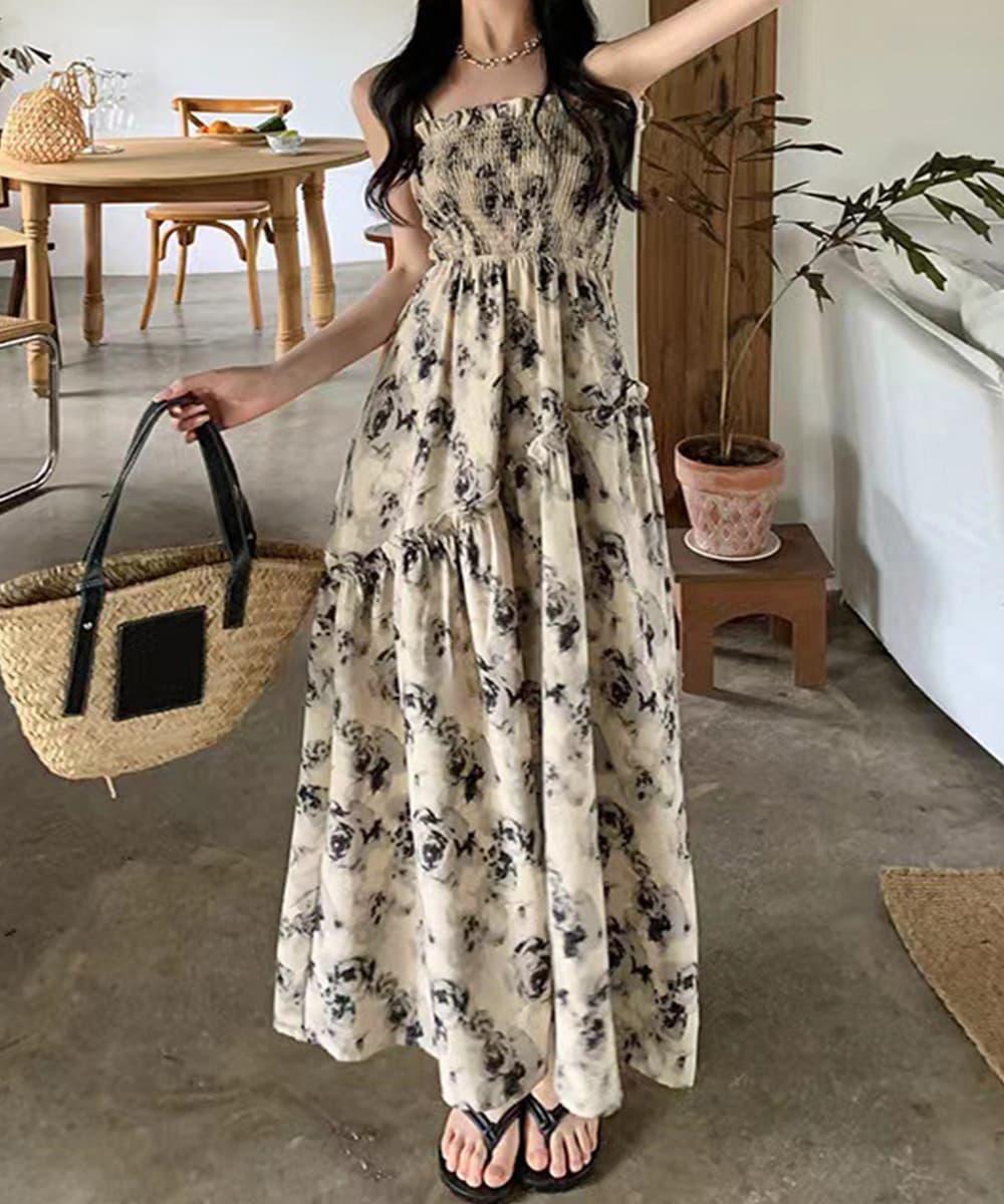 イエベ春/イエベ秋服　花柄シャーリング キャミワンピース ロング丈