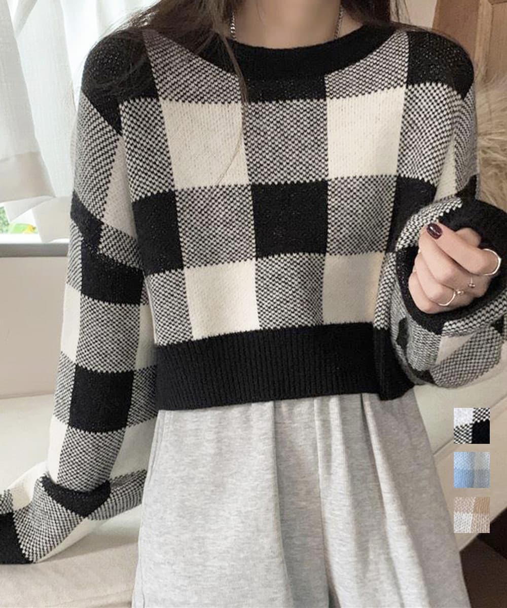 イエベ春/イエベ秋服　ブロックチェック柄ショート丈ニット
