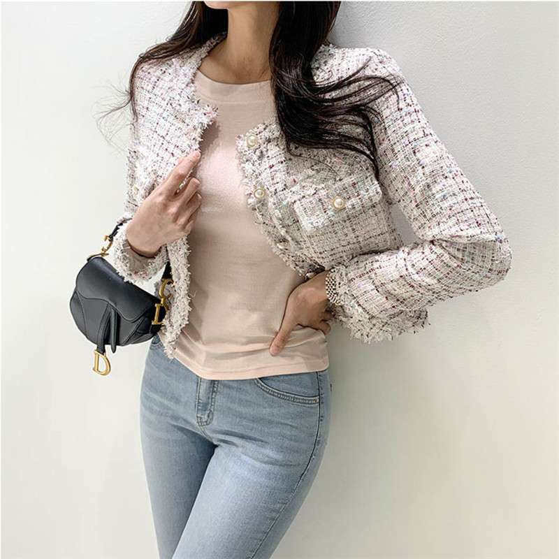 イエベ春/イエベ秋服　ツイード風フリンジトリムジャケット