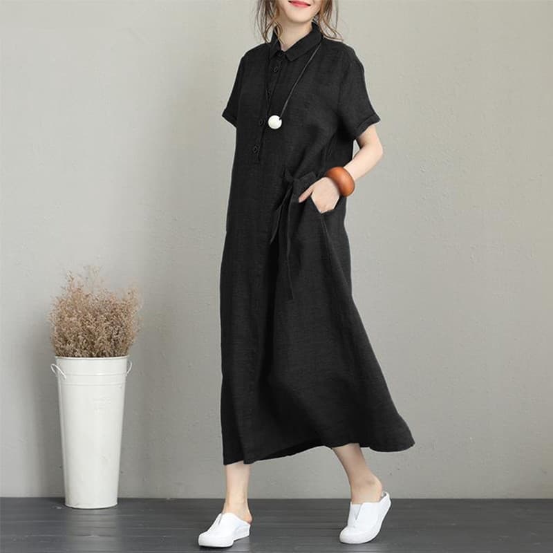 イエベ秋服　ナチュラルリネン調襟付き半袖ロングシャツワンピース