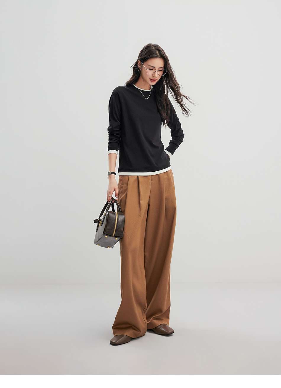 イエベ春/イエベ秋服　重ね着風ラウンドネック長袖トップス