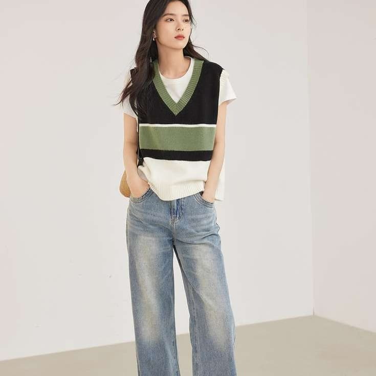 イエベ春/イエベ秋服　Vネック重ね着風ニットベスト