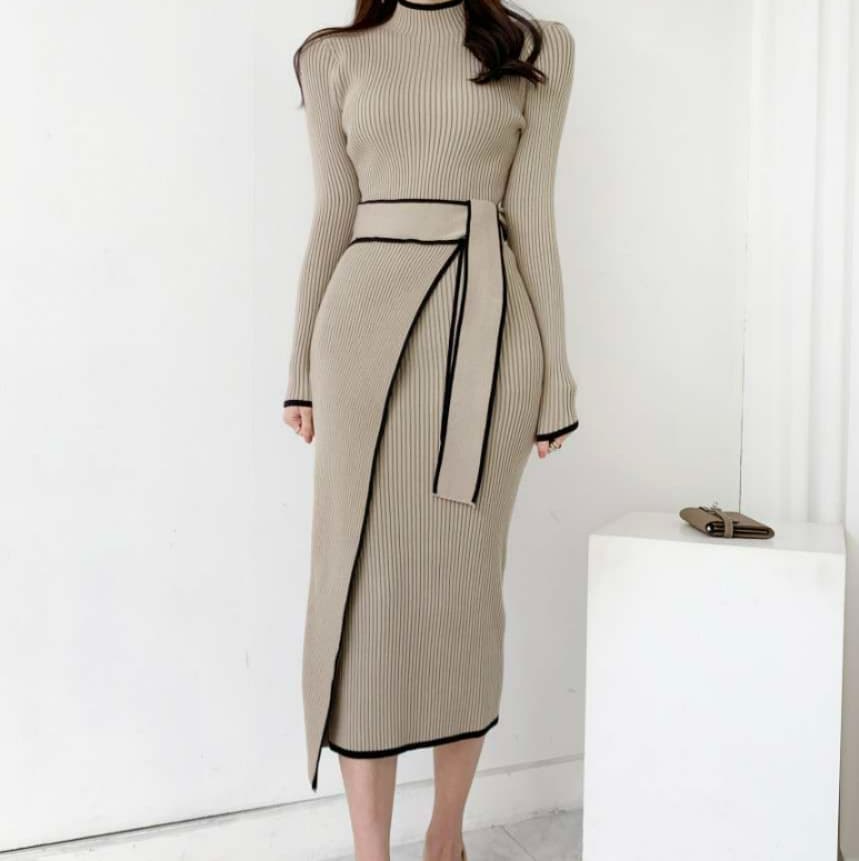 イエベ春/イエベ秋服　リブ編み タイベルト ミモレニットワンピース