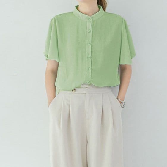 イエベ春/イエベ秋服　フレア袖 バンドカラーシャツブラウス