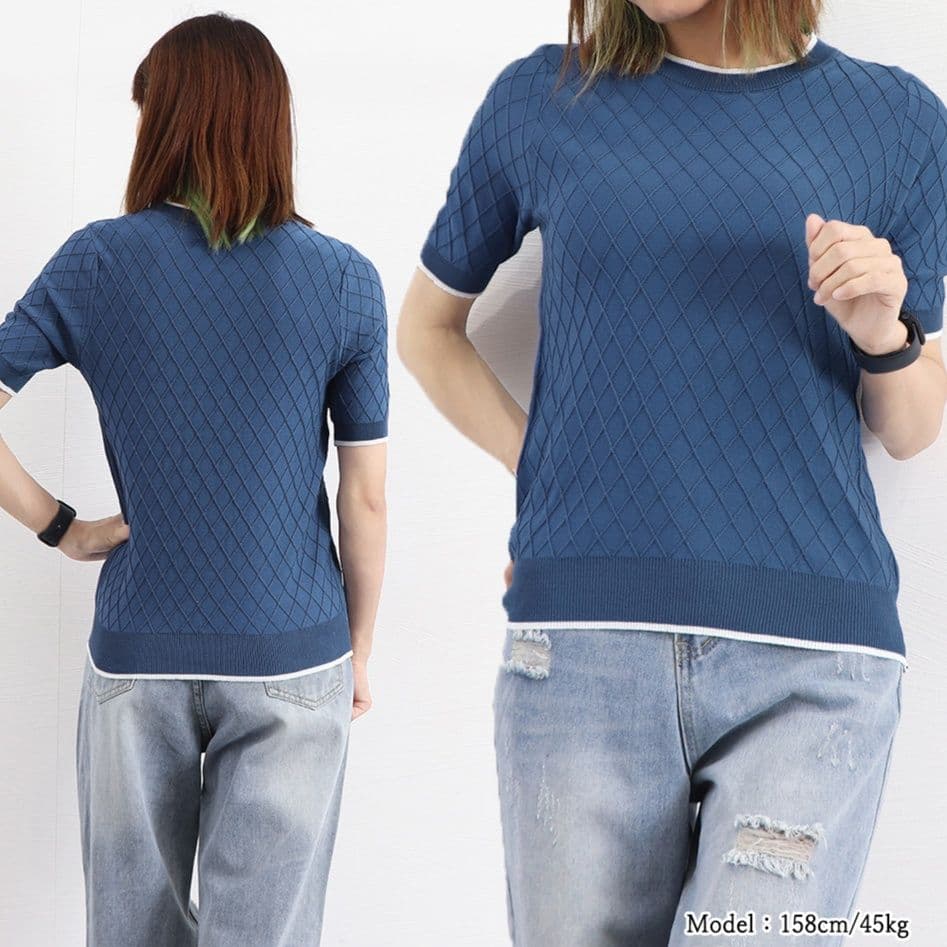 イエベ秋服　バイカラーパイピング ひし形柄 サマーニット 半袖