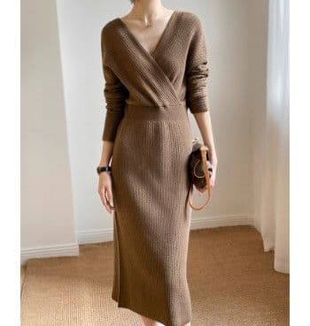 イエベ春/イエベ秋服　ウエスト痩身クロスネックドレスワンピース