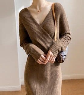 イエベ春/イエベ秋服　ウエスト痩身クロスネックドレスワンピース