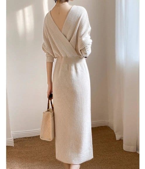 イエベ春/イエベ秋服　ウエスト痩身クロスネックドレスワンピース