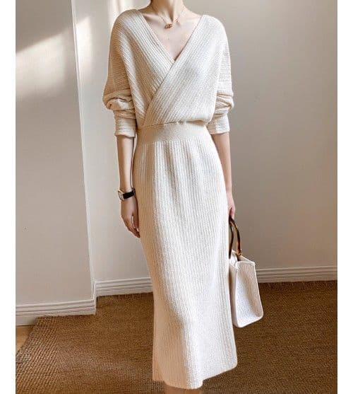 イエベ春/イエベ秋服　ウエスト痩身クロスネックドレスワンピース