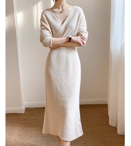 イエベ春/イエベ秋服　ウエスト痩身クロスネックドレスワンピース