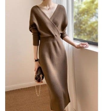 イエベ春/イエベ秋服　ウエスト痩身クロスネックドレスワンピース
