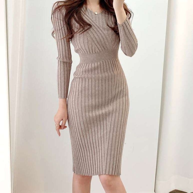 イエベ春/イエベ秋服　リブニットタイトワンピース